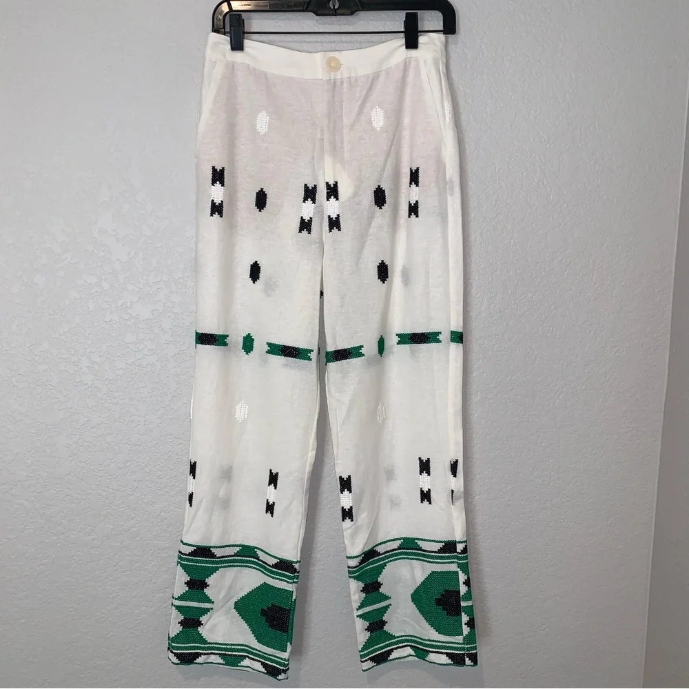 New Zara Embroidered White Linen Blend Pants 2731/259 Small Medium Blogger Fav